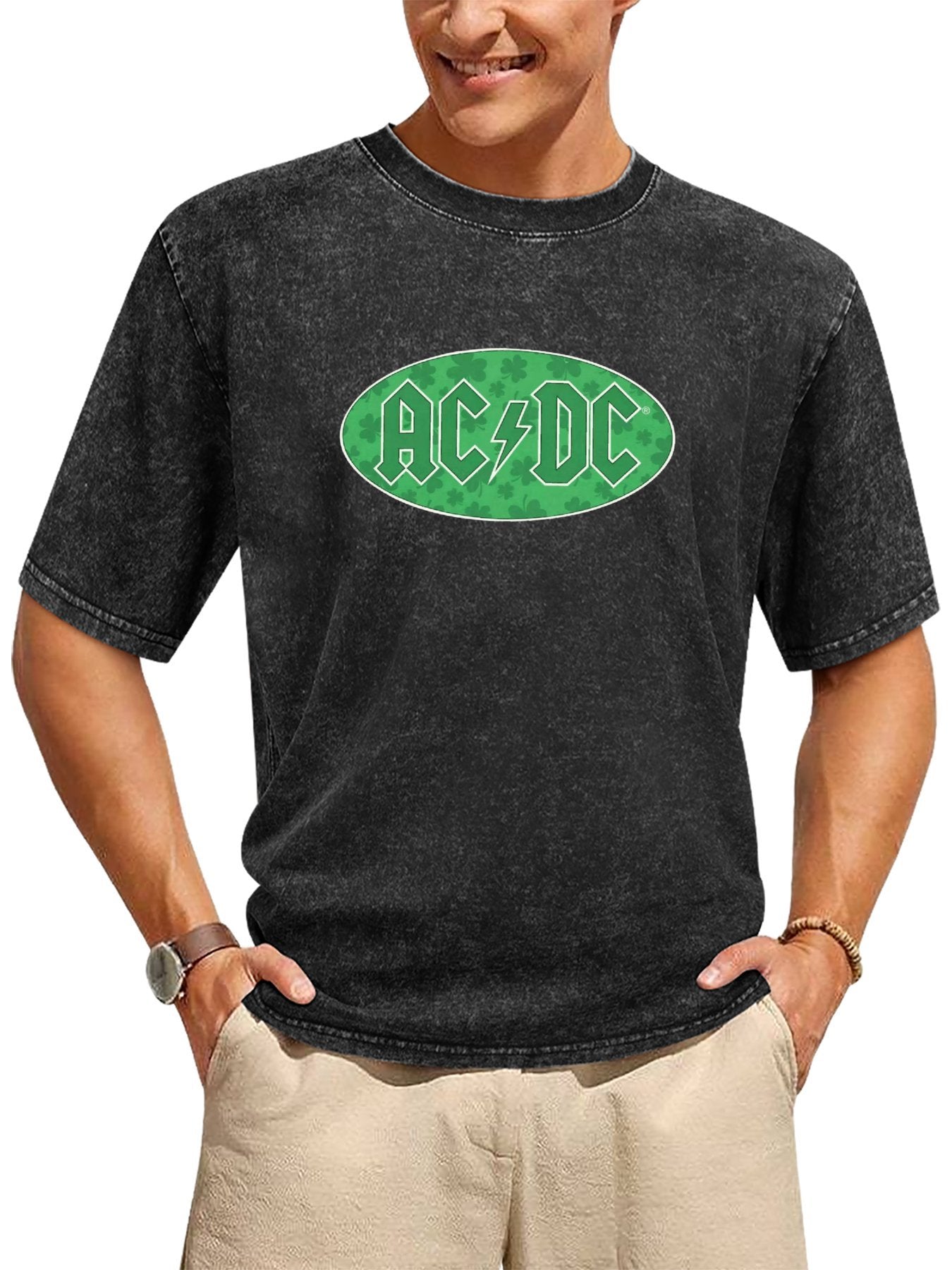 AC/DC Green Shamrock Logo Graphic T-Shirt