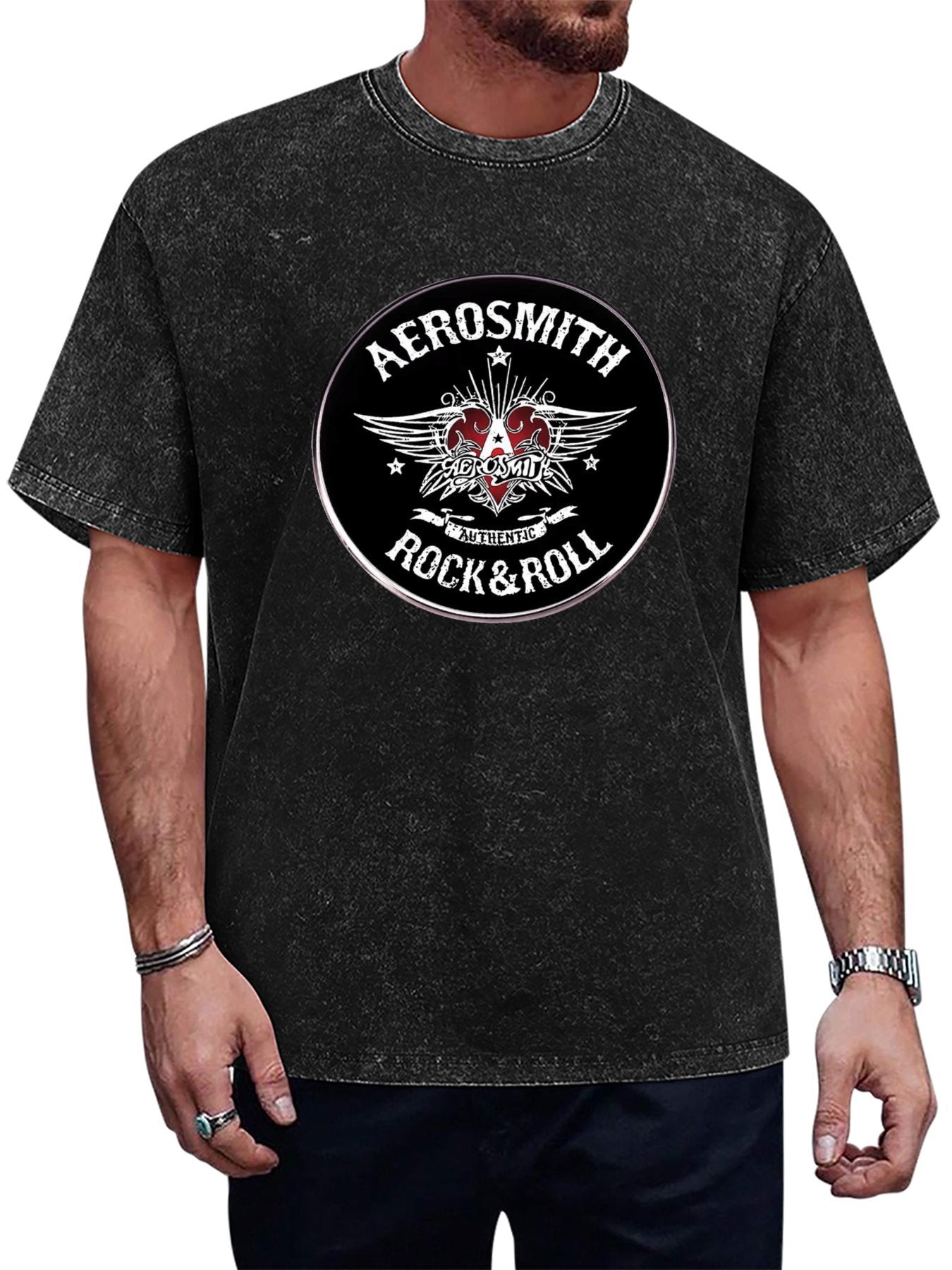 Vintage Washed Aerosmith Rock & Roll Emblem Graphic T-Shirt Main image
