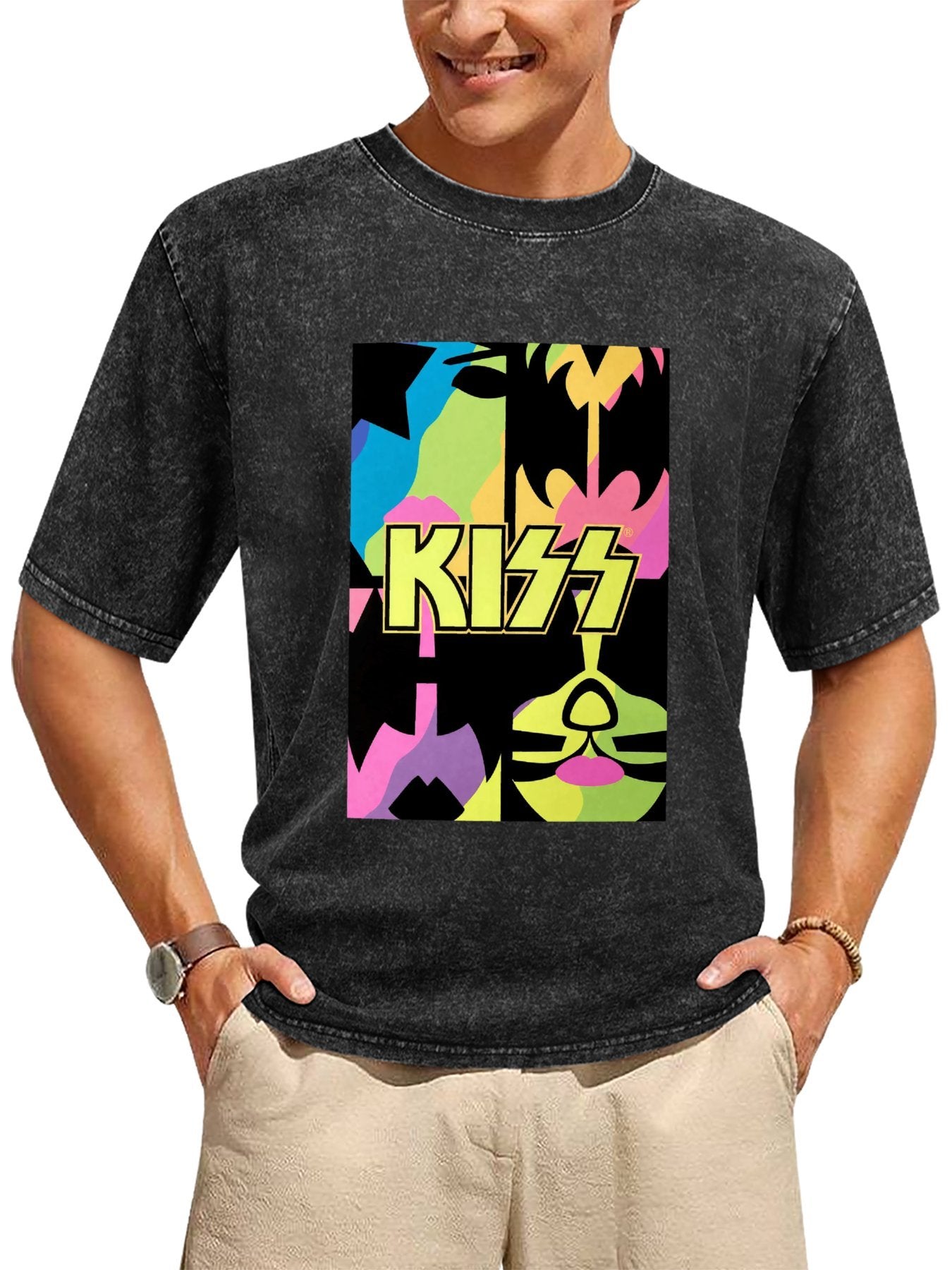 Vintage Washed KISS Color Block Faces Graphic T-Shirt Secondary image
