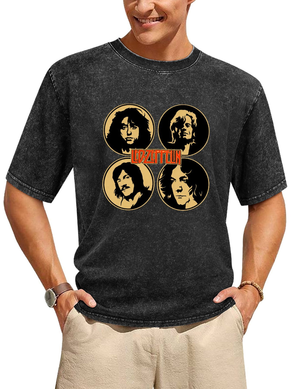Vintage Washed Led Zeppelin Band Portrait Graphic T-Shirt